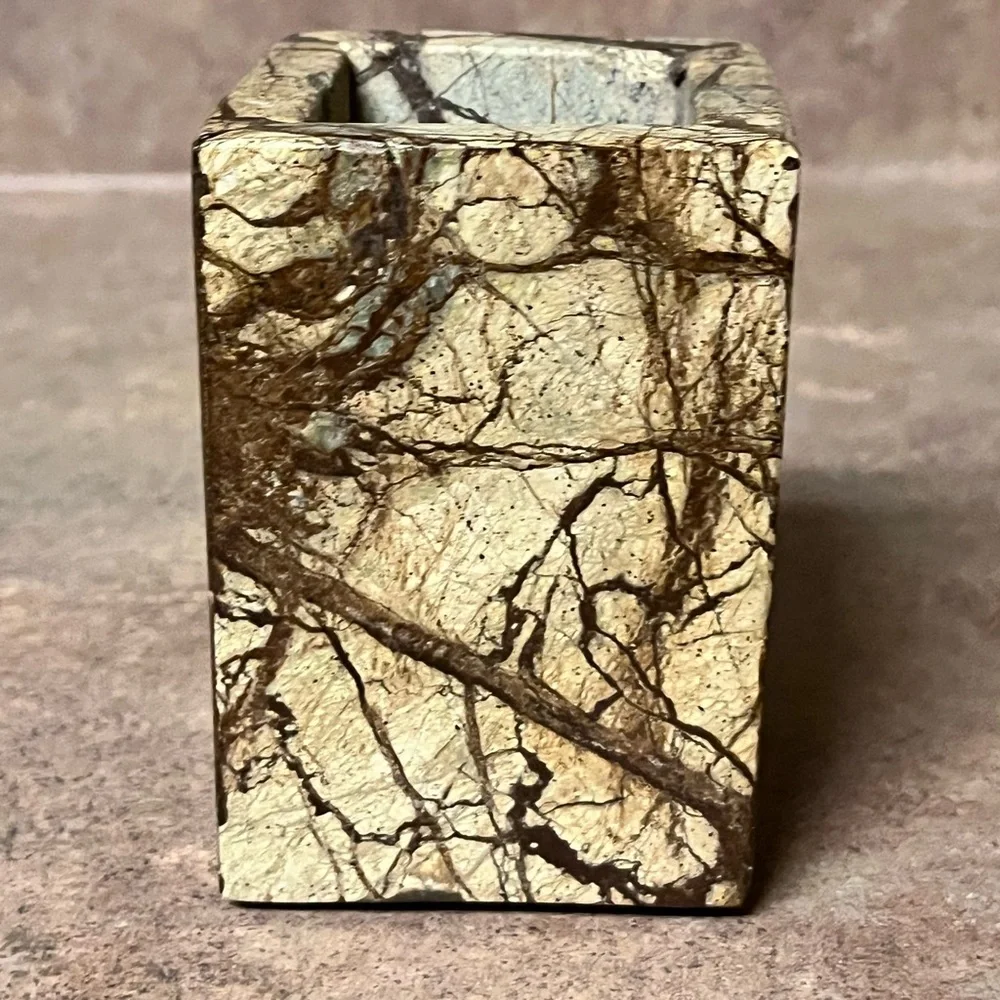 Natural marble brown forest texured marble pen holder, brush holder
